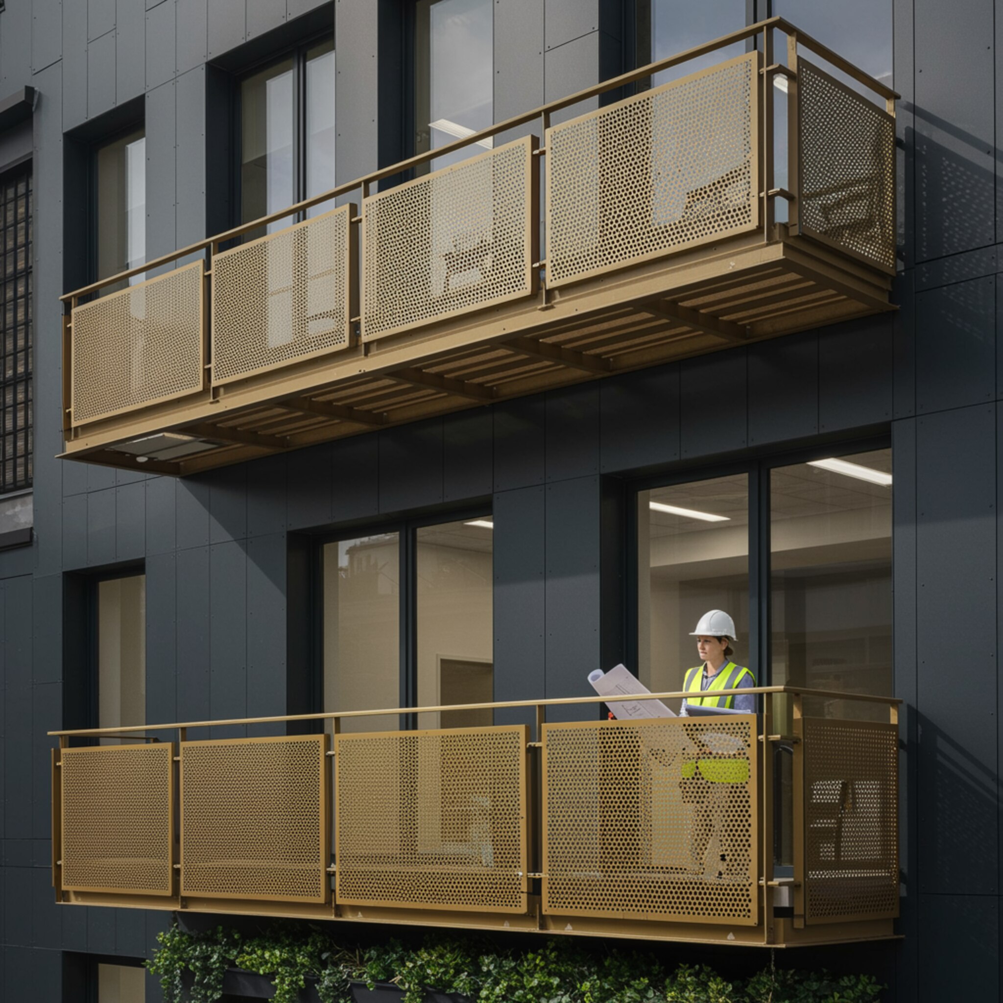 imagen1 1 "Renderizado arquitectónico de un moderno edificio comercial con carpintería metálica premium, donde una arquitecta revisa planos en un entorno luminoso que resalta la elegancia y durabilidad de los acabados."