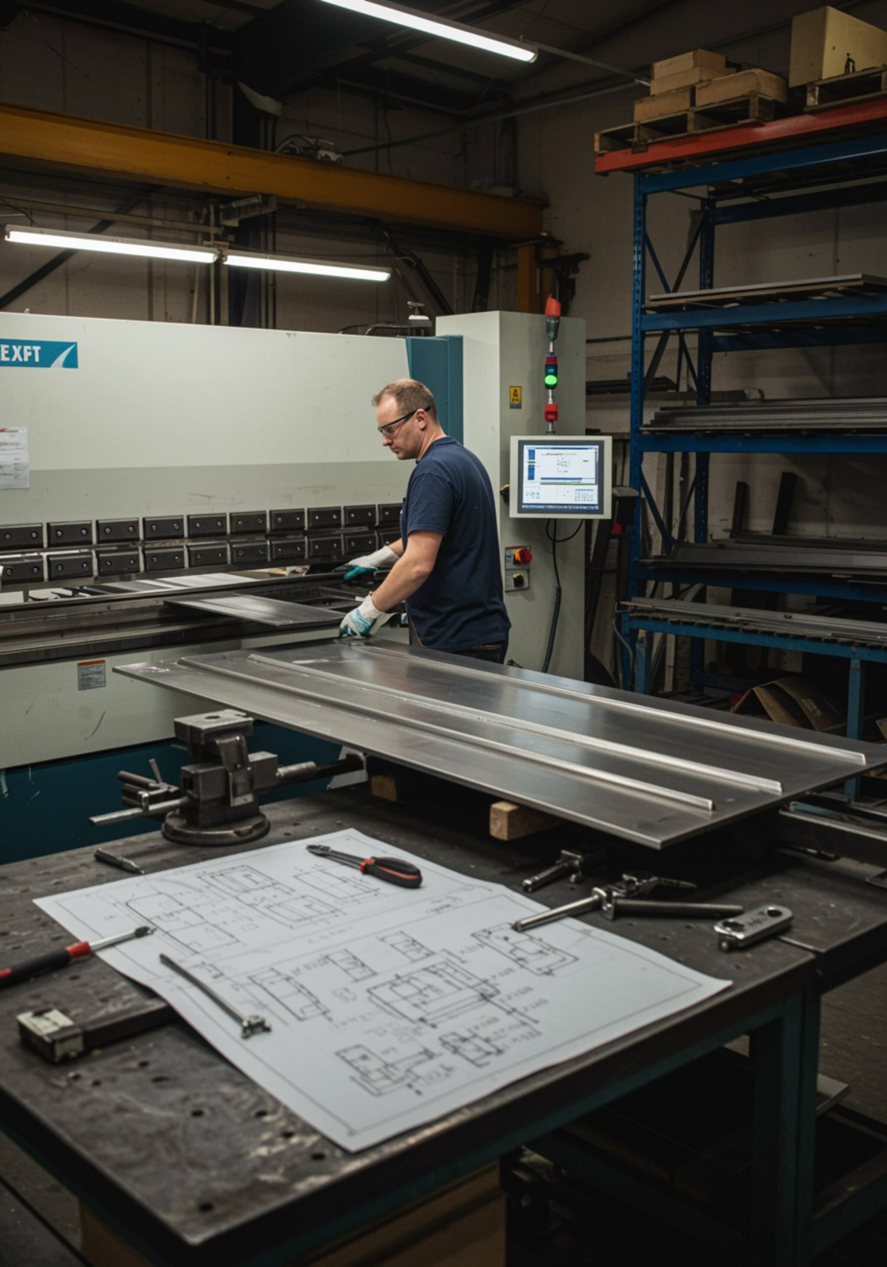 imagen3 1 "Taller de carpintería metálica profesional con un artesano operando una máquina CNC en un panel de acero inoxidable, resaltando la precisión y el diseño industrial."