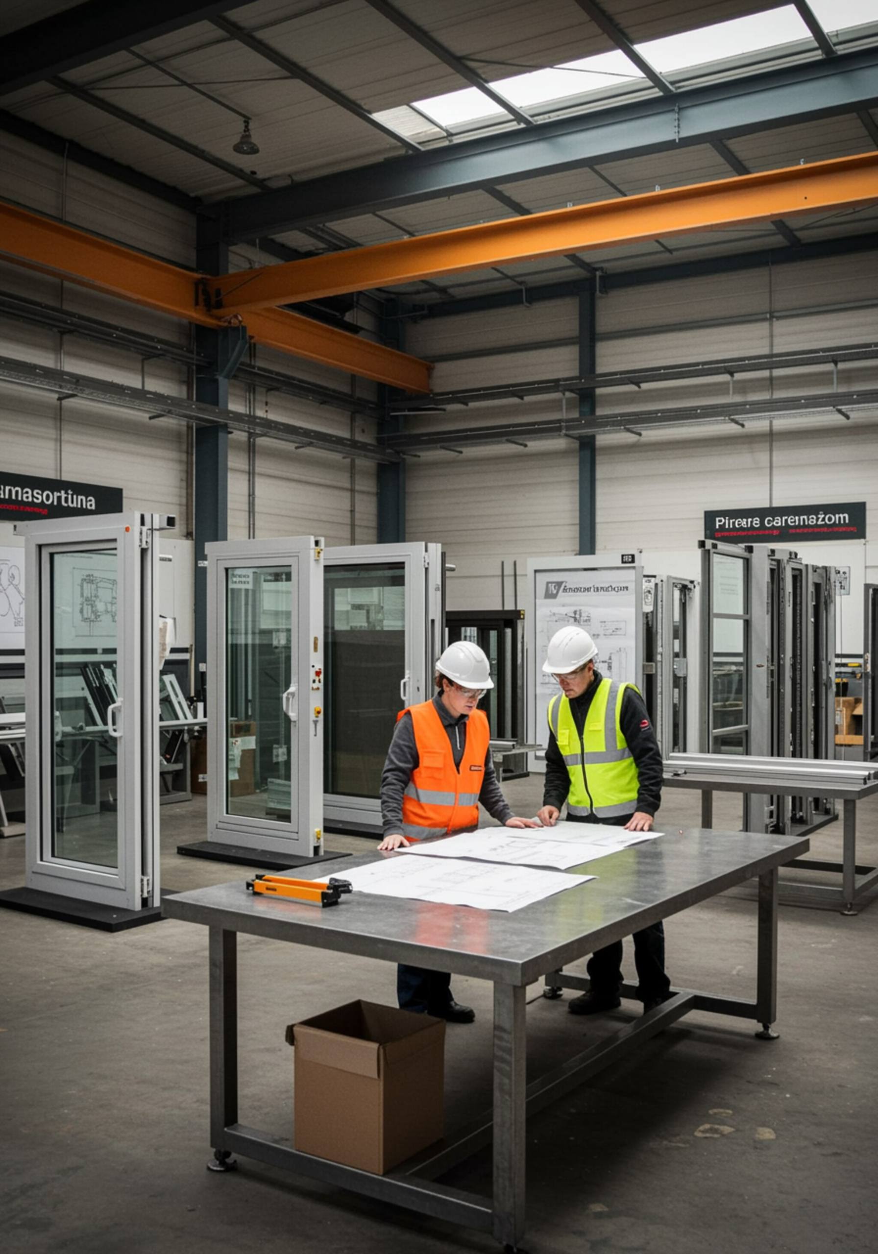 imagen3 3 "Showroom de carpintería metálica contemporánea con puertas y ventanas personalizadas, donde dos profesionales revisan planos sobre una mesa de acero pulido en un ambiente industrial iluminado."