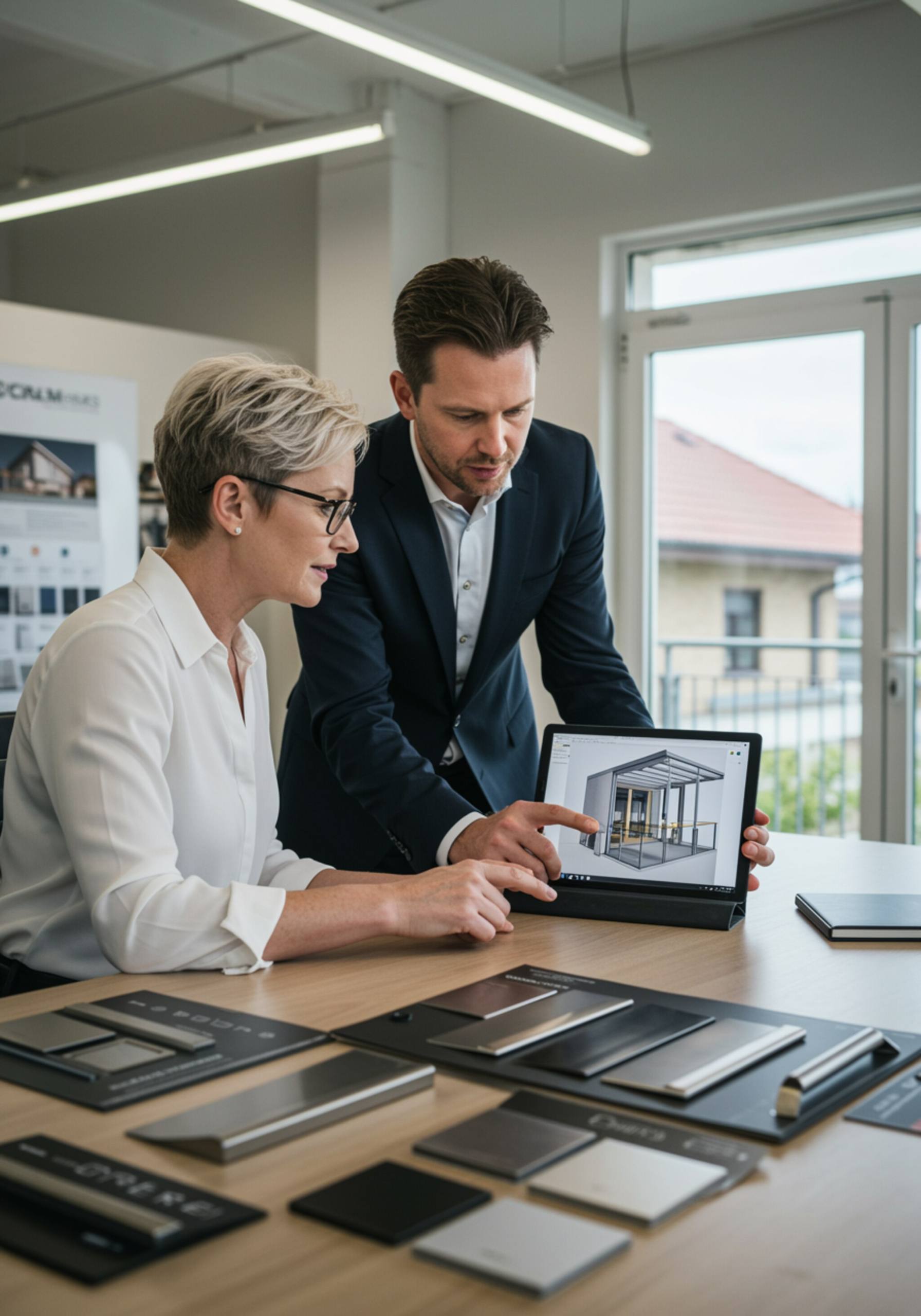 imagen3 "Consultor y propietario revisan un diseño 3D de un balcón de metal personalizado en un showroom moderno, rodeados de muestras de acabado y manijas."