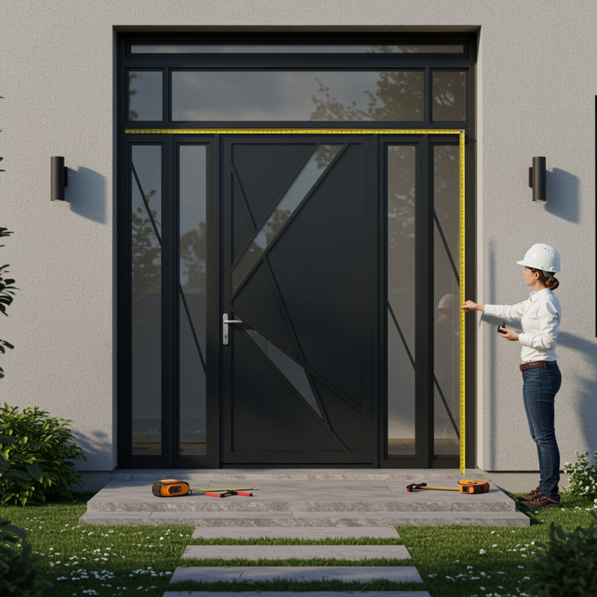 imagen5 1 "Renderizado digital hiper-realista de una puerta de entrada de metal personalizada en una propiedad residencial de lujo, destacando diseño moderno y materiales premium."