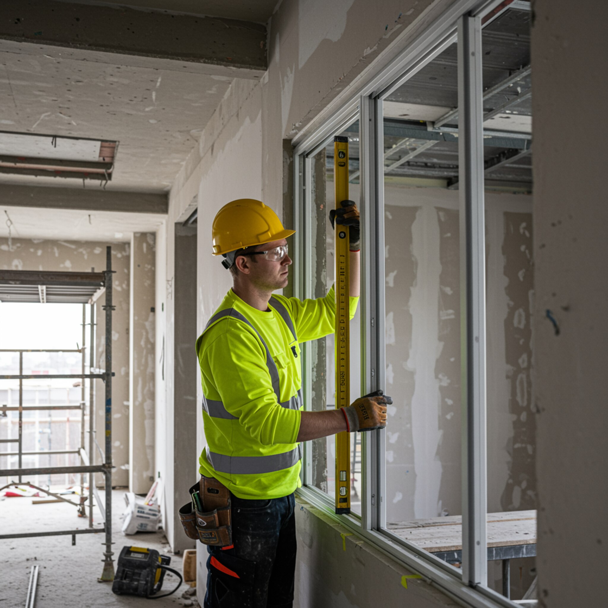 imagen5 3 "Obra de construcción interior con metalista instalando ventana de aluminio en edificio moderno, destacando la artesanía experta y un ambiente profesional."