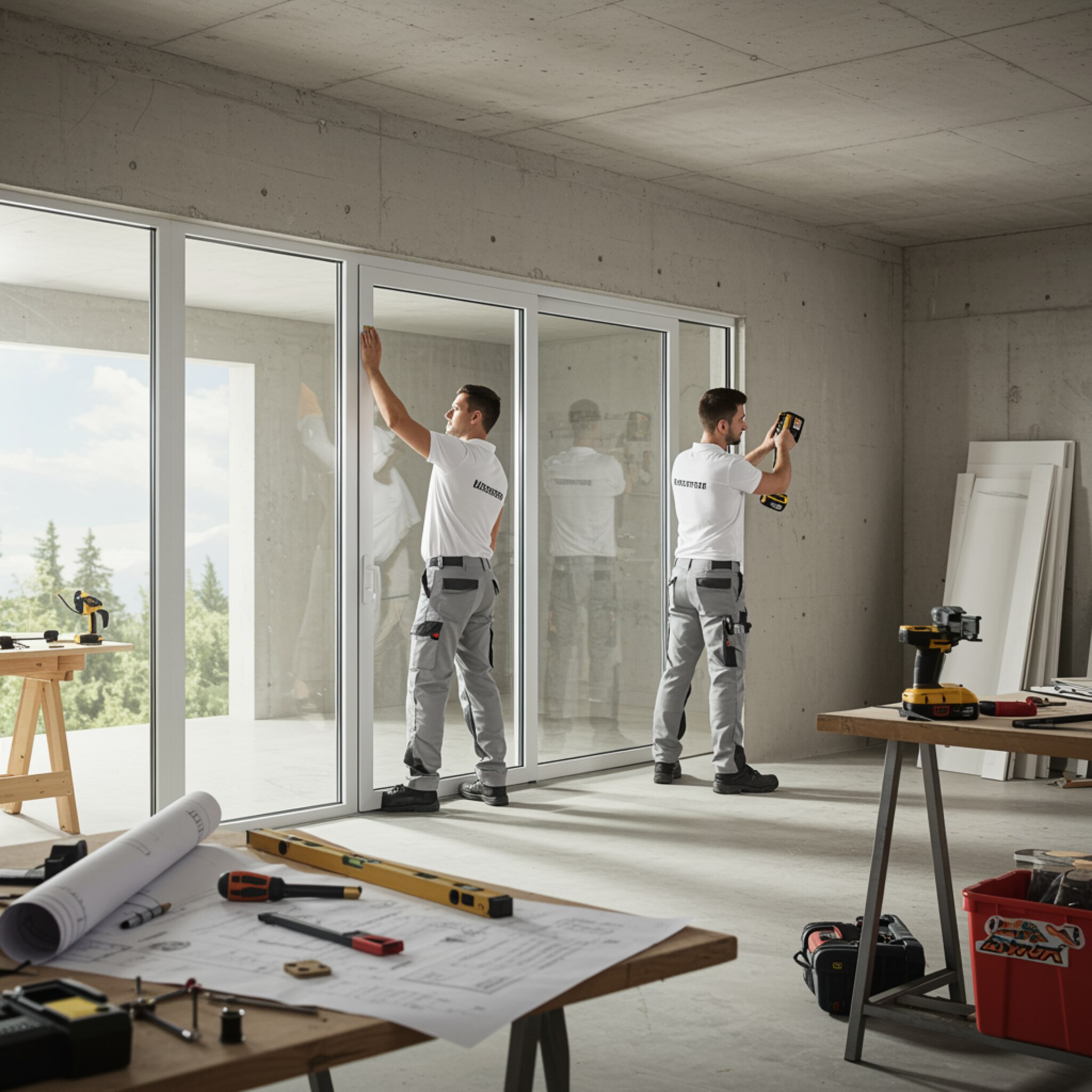 imagen5 4 "Instalación de puerta corrediza de vidrio en un edificio moderno, con técnicos de carpintería en uniforme utilizando herramientas de precisión en un entorno minimalista y luminoso."