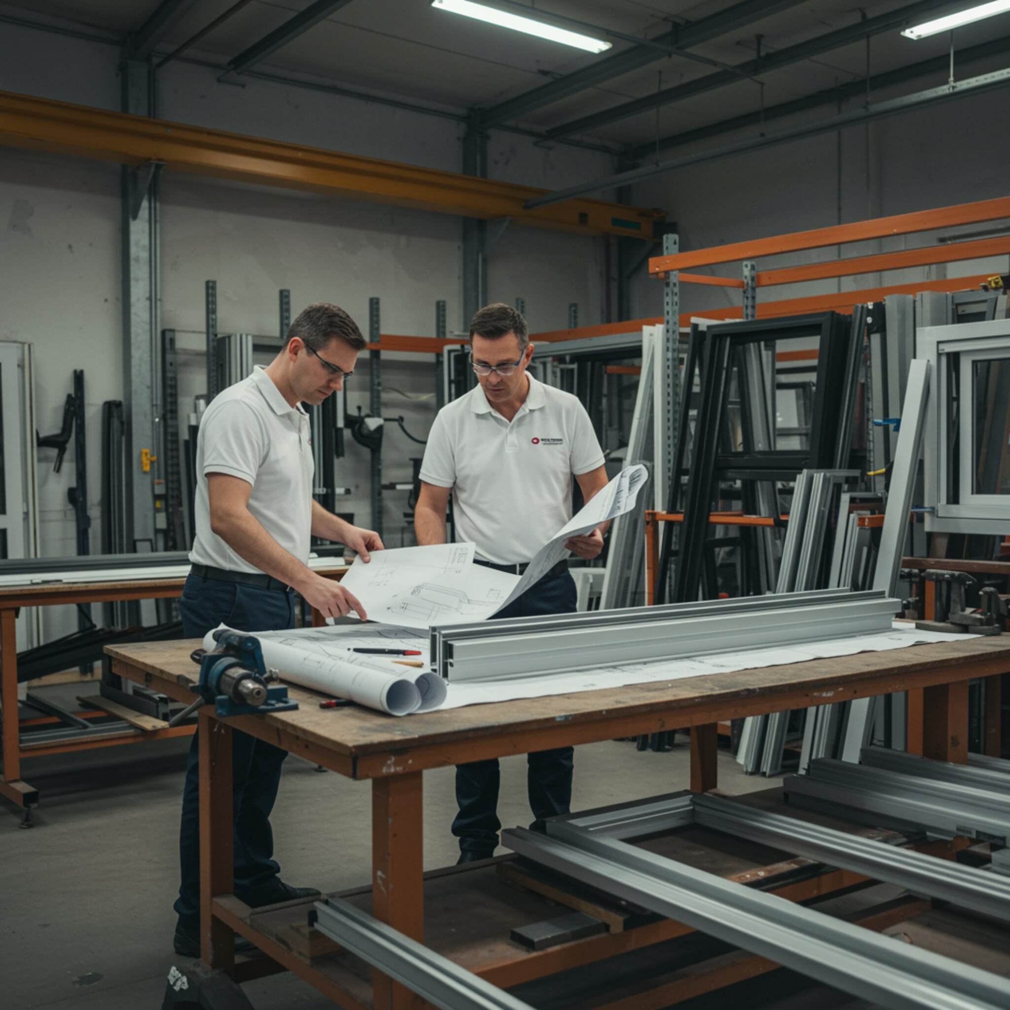 imagen5 "Escena de taller interior donde profesionales analizan planos y marcos de ventanas de metal en un ambiente industrial moderno, destacando la colaboración y la experiencia técnica."